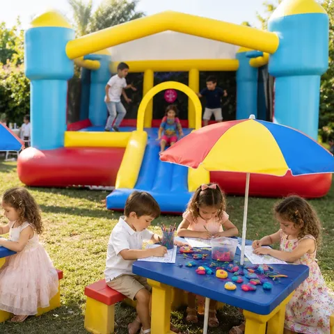 Crianças a brincar num insuflável e mesa de atividades