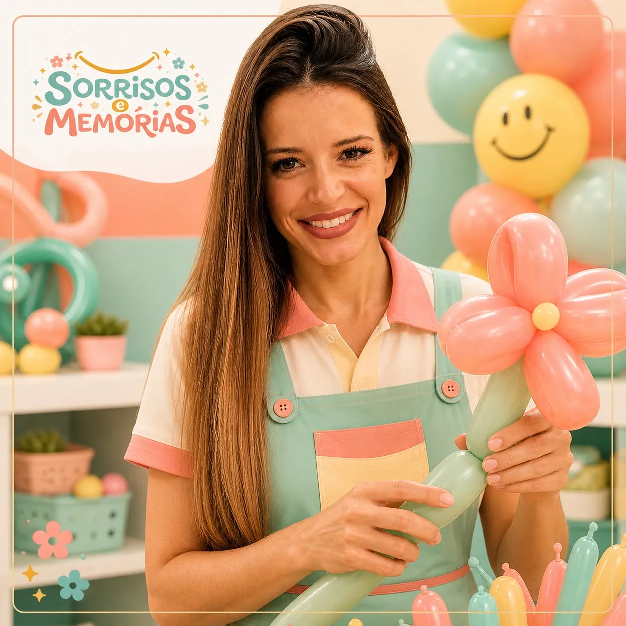 Sorrisos e Memórias a moldar um balão em forma de flor